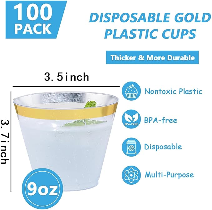 Hioasis 200Pcs 9OZ Clear Cups - Plastic Disposable Cups with Gold Trim, Heavy Duty & BPA-free for Party, Wedding, Reception