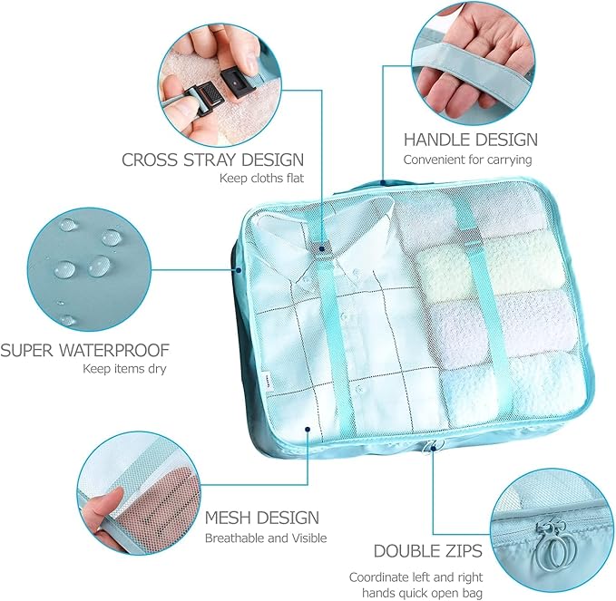LANSKLBD 8 Set Packing Cubes for Suitcases Travel Luggage Packing Organizers, Travel Essentials Accessories Luggage Organizer with Shoe Bag Toiletry/Laundry Bag (light blue)