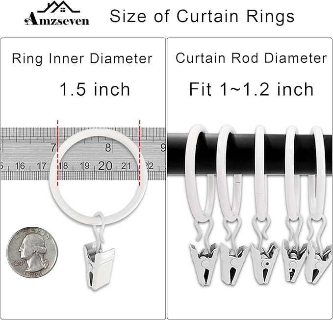 100 Pack Metal Curtain Rings with Clips, Drapery Clips Hooks, Decorative Curtain Rod Clips 1.5 in Interior Diameter, Rustproof White