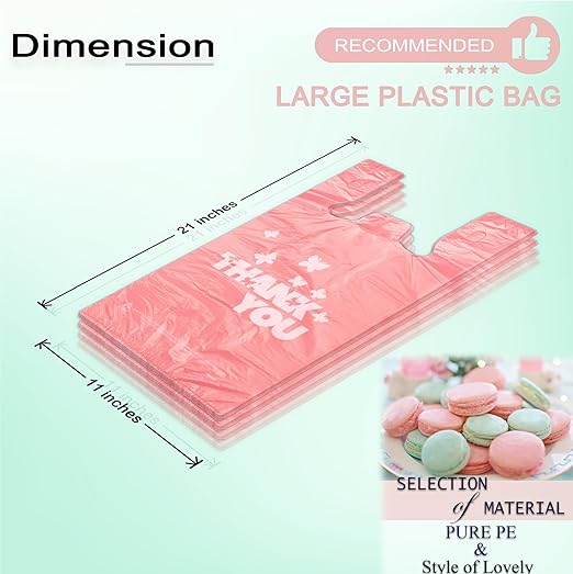 PINK Thank you bags, 50PCS T shirt bags, To Go Bags,Grocery bags, Reusable and Disposable,Perfect for Small Business,Take Out,Retails,11 inchx6 inchx21 inch(50),Large