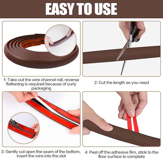 Floor Cord Cover Self Adhesive Cord Hider, 10FT Cable Management, Extension Strip Protector for Wires, Prevent Cable Trips for Offices, Gyms, Exhibitions Cavity: 0.3"(W) x 0.28"(H) Coffee