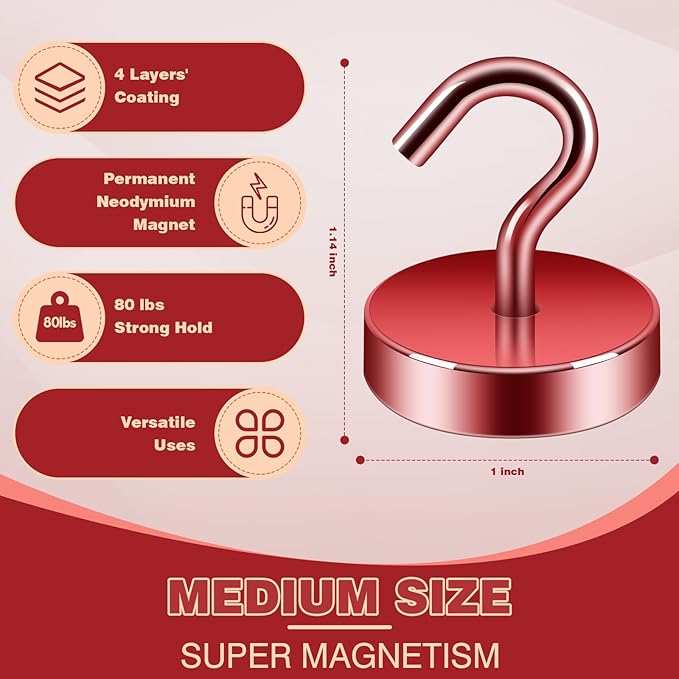 Neosmuk Magnetic Hooks, Cruise Ship Essentials, 80lb+ Heavy Duty Magnetic Hooks for Cruise Cabins, Refrigerators, Grills, Hanging, and Travel | Extra Strong Must-Have Magnet Hooks, Red