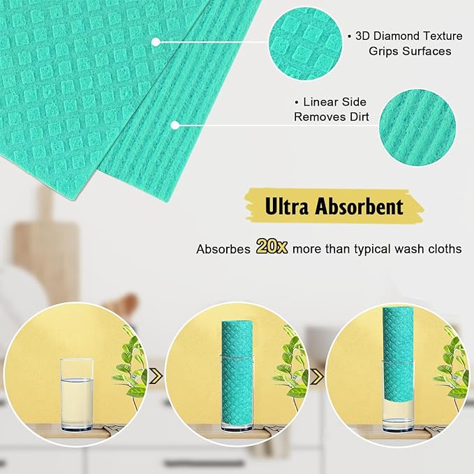 MoLKENE Swedish Dishcloths for Kitchen | 6 Pack Absorbent Cellulose Sponge Cloths Washable | Non-Scratch Reusable Paper Towels Quick Drying Cleaning Cloths - Green