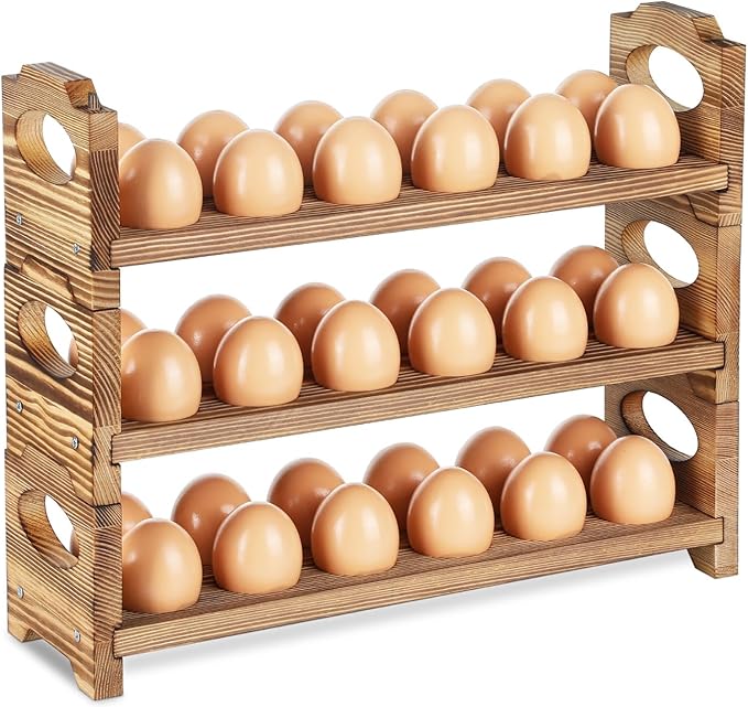 AOOHOOA Wooden Egg Holder & Storage-3Tier /36-Hole Stackable Holds Fresh Eggs, Farmhouse Eggs Rack Wood, Rustic Countertop Chicken Egg Organizer Wood with Distressed Finish for Home Kitchen Decoration