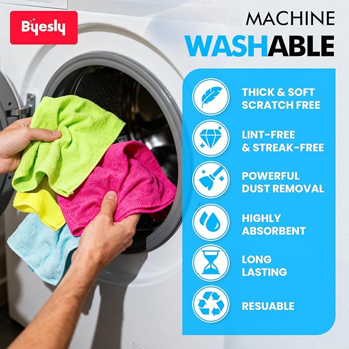 Byesly 12-Pack Microfiber Cleaning Cloth, 11.5x11.5 Microfiber Towels for Cars, Dishes & House, for Detailers, Chefs & Efficient Home | Scratch-Free, Lint-Free, Ultra Absorbent(Yellow/White/Blue)