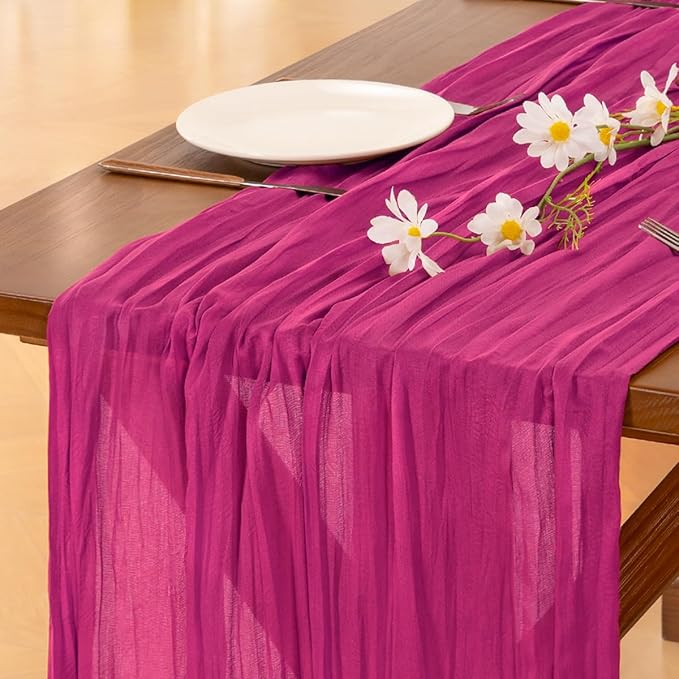 Socomi 3pcs Hot Pink Summer Cheesecloth Table Runner Boho Rustic Gauze 120 inch 10FT Cheese Cloth Sheer Runner for Wedding Party Baby Shower Birthday Home Decor
