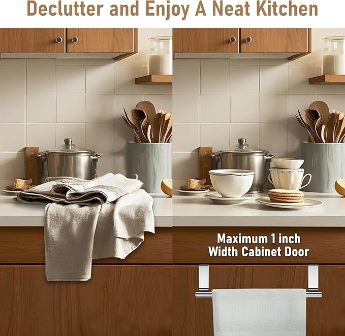 Over Cabinet Towel Bar with Hooks, 14 Inch Brushed Stainless Steel Over The Door Towels Rack for Home Bathroom Kitchen, Hang on Inside and Outside Cabinets or Doors, Holds Hand Dish Towels Washcloths
