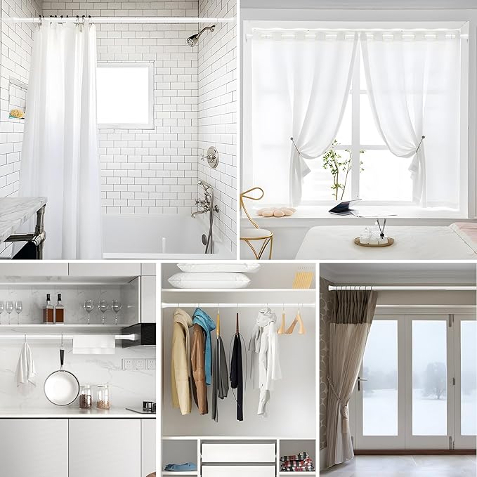 2 Pack White Tension Curtain Rod 42-73 Inch Shower Rod 7/8" Shower Curtain Rod Adjustable Spring Curtain Rods No Drilling Spring Rod Shower Curtain Tension Rod for Bathroom Windows Doorways