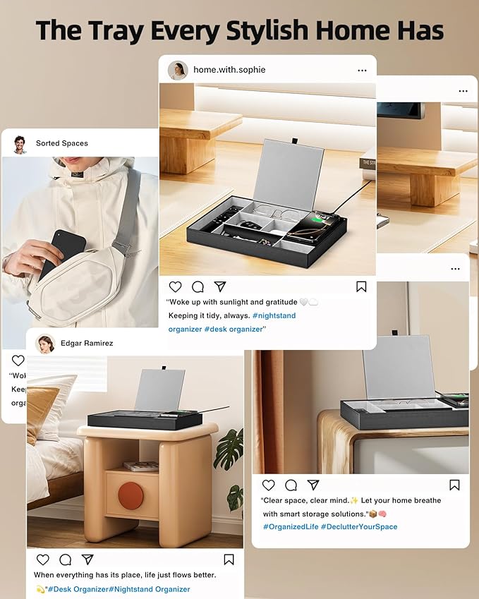 Valet Tray with Wireless Charger, Nightstand Organizer, Leather Desk Drawer Organizer Tray with 7 Compartments for Jewelries, Watch, Key, Wallet, Phone, Black