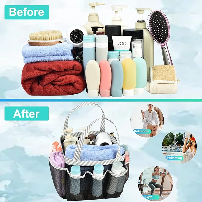 Haundry Mesh Shower Caddy Bag, Large College Dorm Bathroom Caddy Organizer with Key Hook and 2 Oxford Handles, 8 Basket Pockets, Portable Hanging Caddy Bag for Camping Gym
