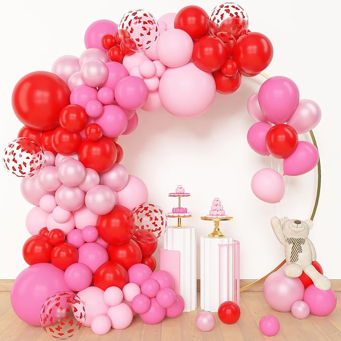 Amandir 153pcs Pink and Red Balloon Arch Garland Kit, Different Sizes 18 12 10 5 inch Latex Pearlescent Hot Pink Heart Confetti Valentines Balloons for Birthday Proposal Wedding Party Decorations