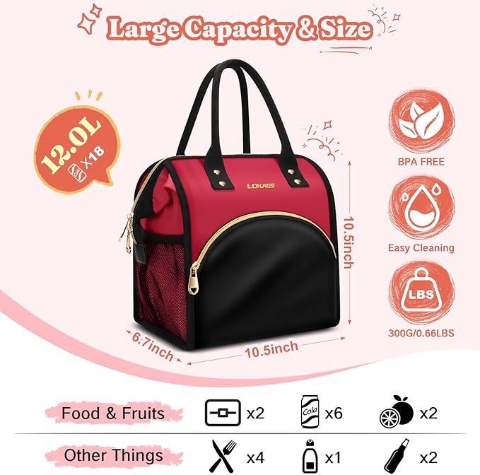Lunch Bag for Women, Insulated Lunch Box, Wide-Open Lunch Tote Bag with Large Drinks Holder, Durable Nylon Thermal Snacks Organizer for Men, Adults, Work, Picnic, Hiking, Beach, Fishing (Pink + Black)