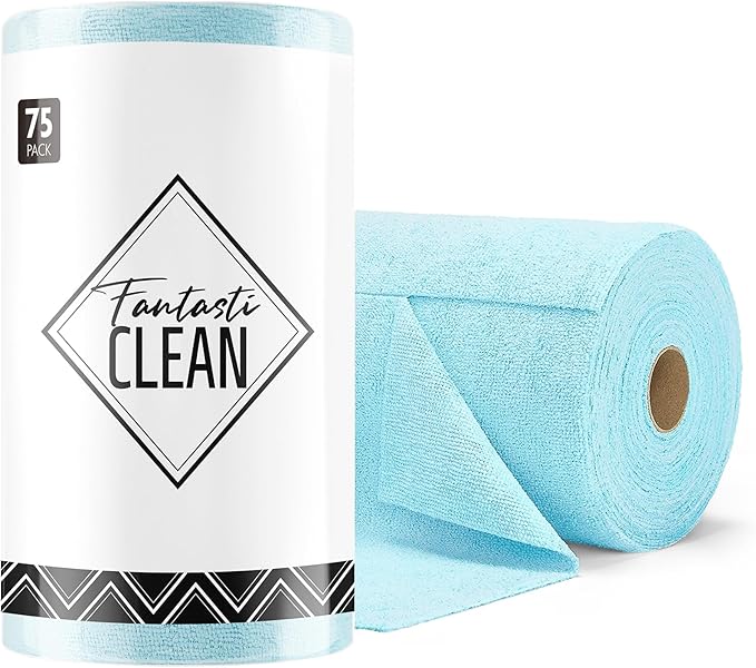 Fantasticlean Microfiber Cleaning Cloth Roll - 75 Pack, Tear-Away Microfiber Towels, 12" x 12", Reusable, Washable, Scratch-Free, Ultra-Absorbent Dishcloth for All-Around Cleaning Supplies (Blue)