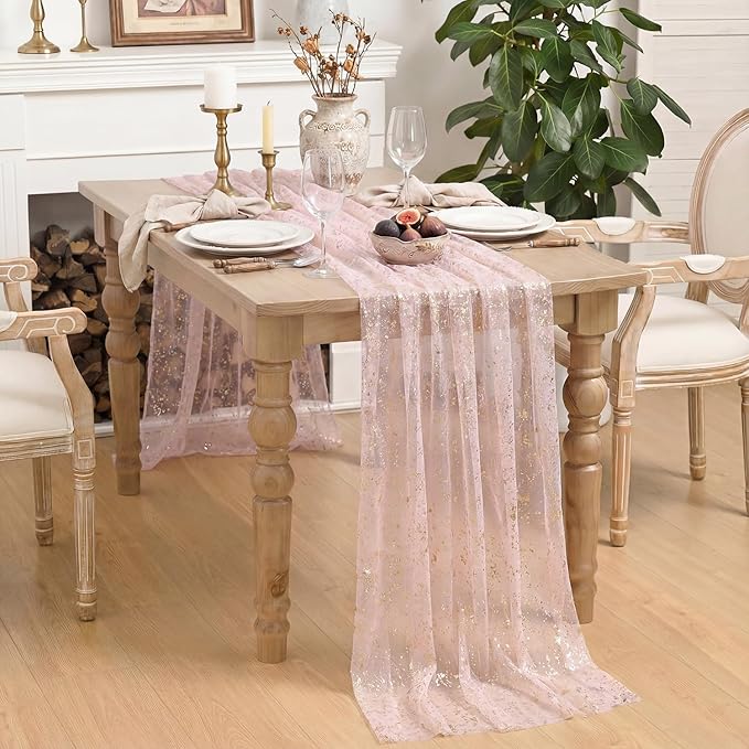 Horaldaily Pink Gold Gauze Tablecloth 52x70 Inch Rectangular, Golden Sequin Glitter Metallic Foil, Sheer Tulle Cheesecloth for Wedding Baby Shower Ceremony Birthday