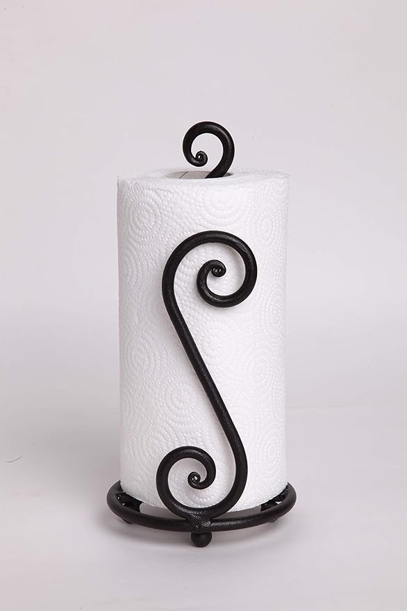 RTZEN Matte Black Paper Towel Holder Countertop - Decorative Farmhouse Paper Towel Roll Holder - Rustic Metal Modern Stand for Kitchen or Bathroom (Swirl)