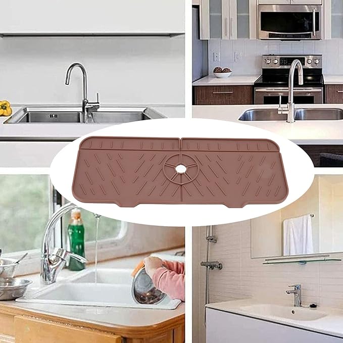 OUKENS Sponge Holder for Kitchen Sink, Silicone Faucet Mat for Kitchen Sink - Reusable Splash Guard & Drip Catcher Tray, Washable Countertop Water Absorbent Mat for Bathroom, RV (Brown)