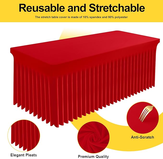 Smiry Spandex Tablecloth, Elastic Fitted Stretch Tablecloth for 8FT Rectangle Tables, Waterproof Washable Table Cover Skirt for Outdoor, Wedding, Banquet & Parties (Red, 96Lx30Wx30H Inch)
