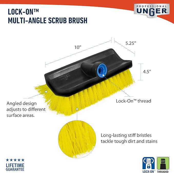 Unger Professional HydroPower Lock-On 10” Bi-Level Scrub Brush, Cleaning Supplies, Scrubber Tool, Compatible with Waterflow Poles, Use in Garage, Driveway, Deck, Concrete, Cement, and Brick
