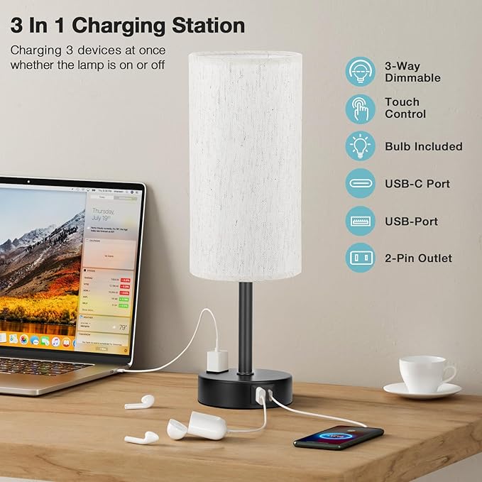 Light Beige Table Lamp for Nightstand - 3 Way Dimmable Bedside Lamp for Bedroom with USB C A Charging Ports and AC Outlet, Small Desk Lamp with Black Base for Living Room, Office, LED Bulb Included