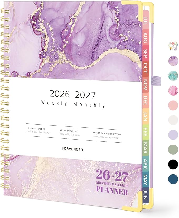 Forvencer Academic Planner 2026-2027, Hardcover Calendar Planner Weekly & Monthly, July 2026 - June 2027, 6" x 8", Daily Agenda with Tabs, College School Organizer for Student Teacher, Purple Marble
