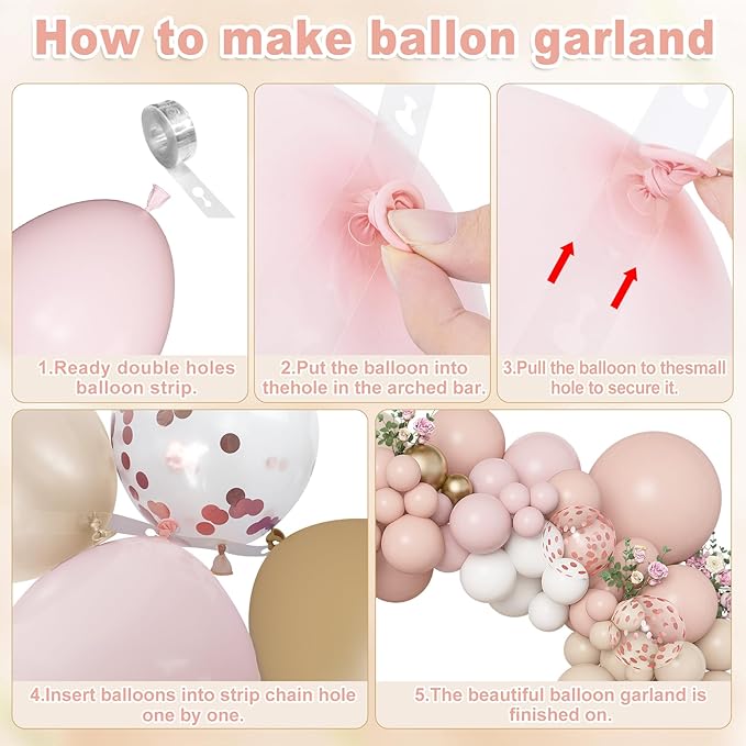 Amandir 173Pcs Boho Dusty Pink Balloon Arch Garland Kit, Neutral Baby Pink Ivory White Sand Nude Rose Gold Confetti Balloons for Girl Baby Shower Gender Reveal Wedding Birthday Party Decorations