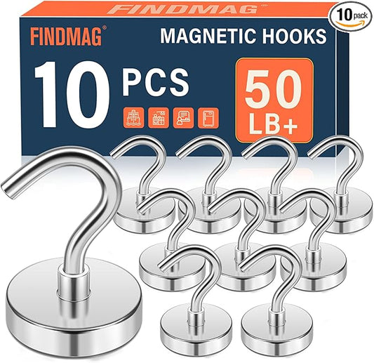 FINDMAG Magnetic Hooks for Cruise Cabins, 50lbs Magnetic Hooks for Classroom, Cruise Ship Magnets, Locker Organizer, Household Essentials, Cubicle Accessories, Camper Decor, 10 Pack, Silver