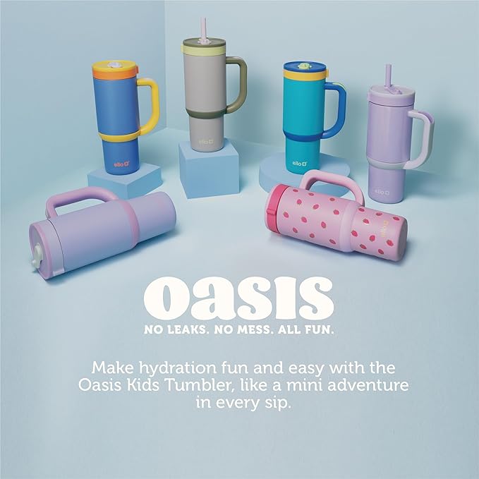 Ello Oasis 18oz Stainless Steel Kids Tumbler with Handle & Retracting Straw, 100% Leakproof, Double-Wall Vacuum Insulated, Kids Water Bottle for School, BPA Free + Dishwasher Safe, Strawberries