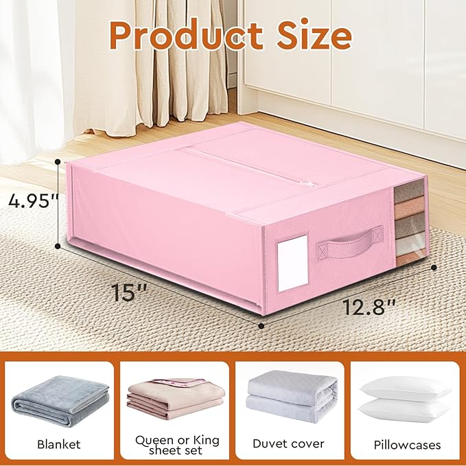 2 Pack Bed Sheet Closet Organizers and Storage,Sturdy Foldable Storage Containers with Window and Label,Storage and Organization for Bedding Sheets,Duvet Covers,Blankets (Pink)