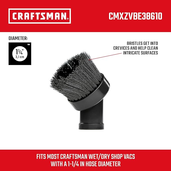 CRAFTSMAN CMXZVBE38610 1-1/4 in. Dusting Brush Wet Dry Vac Attachment, Industrial-Grade Shop Vacuum Accessory for Cleaning Stubborn Debris, Fits 1-1/4 in. Hose Diameter