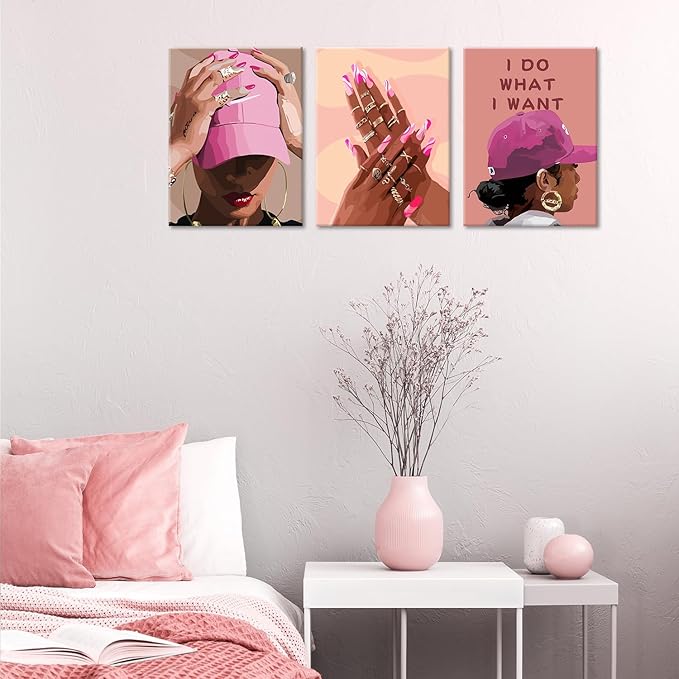 Black Girl Canvas Wall Art pink trend American Black Woman Posters Prints Wall Decor Pictures for Home Living Room Bedroom study Decoration,Framed16 x 24inches X3piece