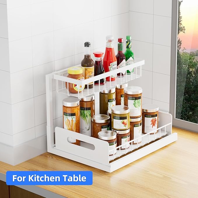 Lxmons 2-Tier Under Sink Slide Out Organizer, 2 Pack Pull Out Cabinet Storage Shelf with Sliding Wire Basket Drawer for Bathroom Kitchen, Countertop or Pantry Shelf, White