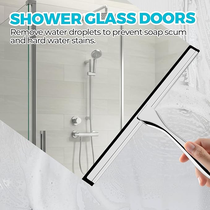 ALFLOD 2PACK All-Purpose Shower Squeegee for Shower Doors, Tile Shower Walls, Bathroom, Window, Glass and Car Windshield, Mirrors and Kitchen-Stainless Steel, 9.8-Inch, Silver