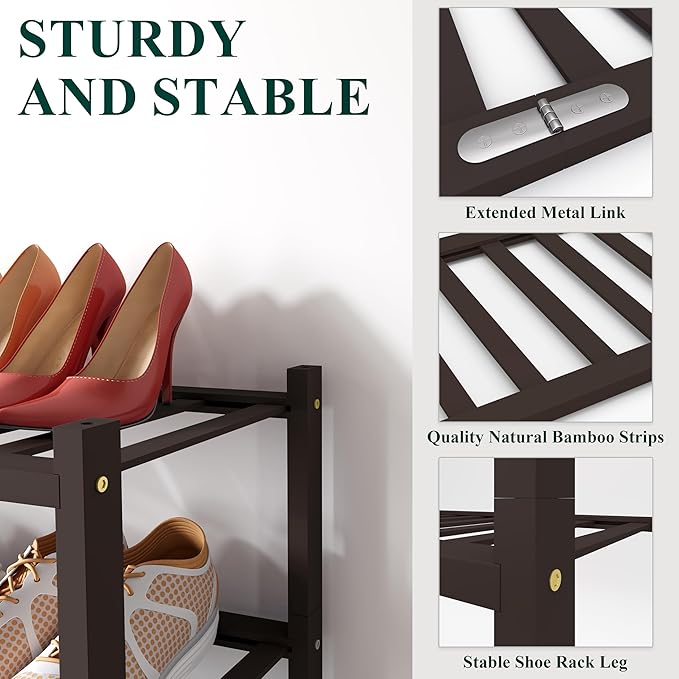 Smiry Bamboo Shoe Rack for Closet, 3 Tier Wooden Stackable Shoe Organizer, Free Standing Shoes Storage Shelf for Entryway, Front Door Entrance, Brown