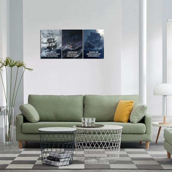 KAWAHONE Motivational Quotes Wall Art, Smooth Seas Never Made a Skilled Sailor Inspirational Wall Art Office Decor, Positive Quotes Wall Art for Living Room Bedroom, Office, Home, Gym
