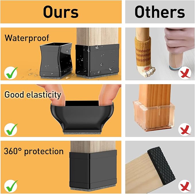 3/4" x 1 1/2" Rectangle Chair Leg Protectors for Hardwood Floors, Silicone Covers to Protect Wood Tile Floors Felt Pads Furniture Leg Caps Reduce Noise. Easy to Move. 16PCS Black.