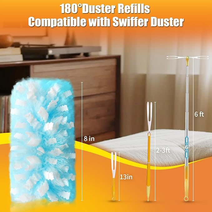 80 Count Duster Refills with 1 Short Handle & 3 ft Extendable Handle, Compatible with Swiffer Duster, 180° Disposable Microfiber Cleaning Dusters, Unscented