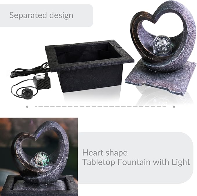 Ferrisland Tabletop Water Fountain, Zen Meditation Indoor Waterfall Fountain, Heart Shape Decoration with LED Light for Home Office Bedroom Relaxation Decor, Gift Ideas