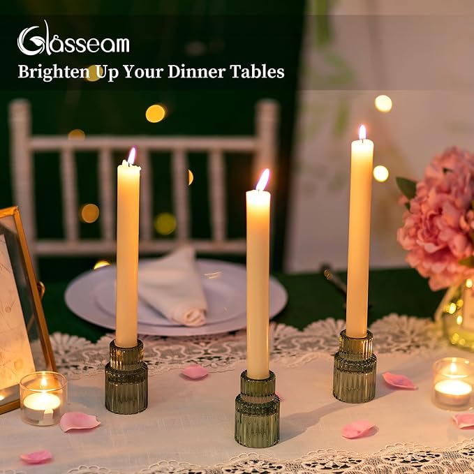 Glass Candle Sticks Holder Decor: Crystal Green Glass Candle Holder Set of 10 Modern Taper Candle Holders for Table Centerpiece Ribbed Tapered Candlestick Holders for Dining Room Decoration Valentines