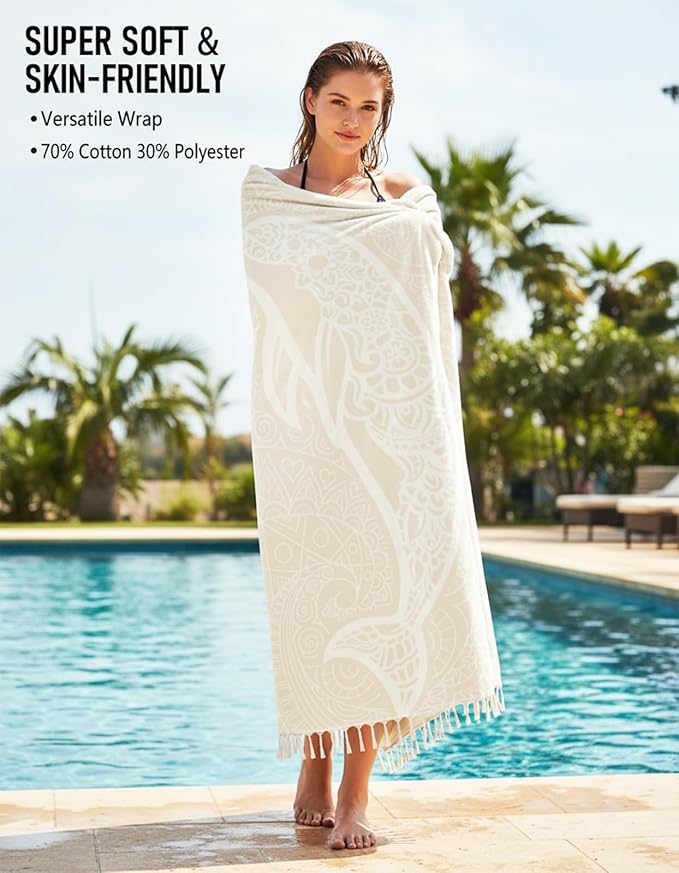Oversized Turkish Beach Towel Blanket Cotton Giant XL Sandproof Towels Huge Linen XXL Extra Large Big Throw Quilt Blankets for Adults Beige Dolphin