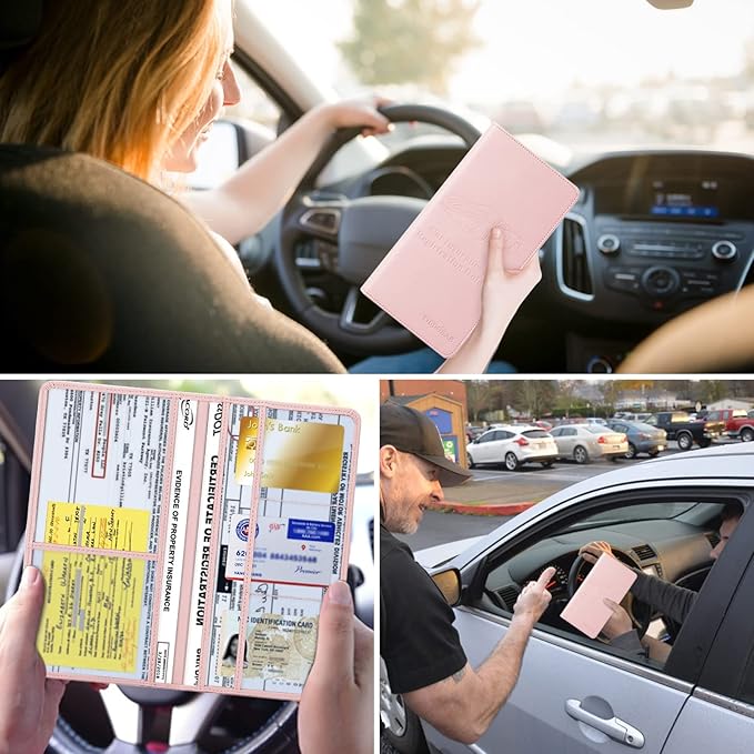 TILDOSAC Leather Car Registration and Insurance Card Holder, Car Document Holder for Cards License with Magnetic Shut (Pink, large)