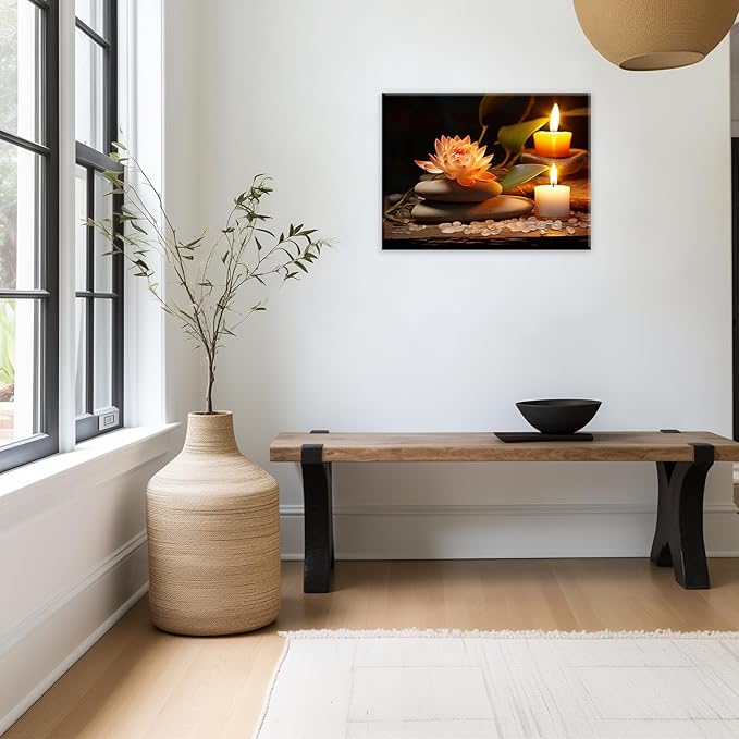 Zen Canvas Wall Art Lotus Flower Stone Painting Framed Spiritual Artwork Meditation Decor for Living Room Bedroom Ready To Hang(Artwork-2,12"x18")