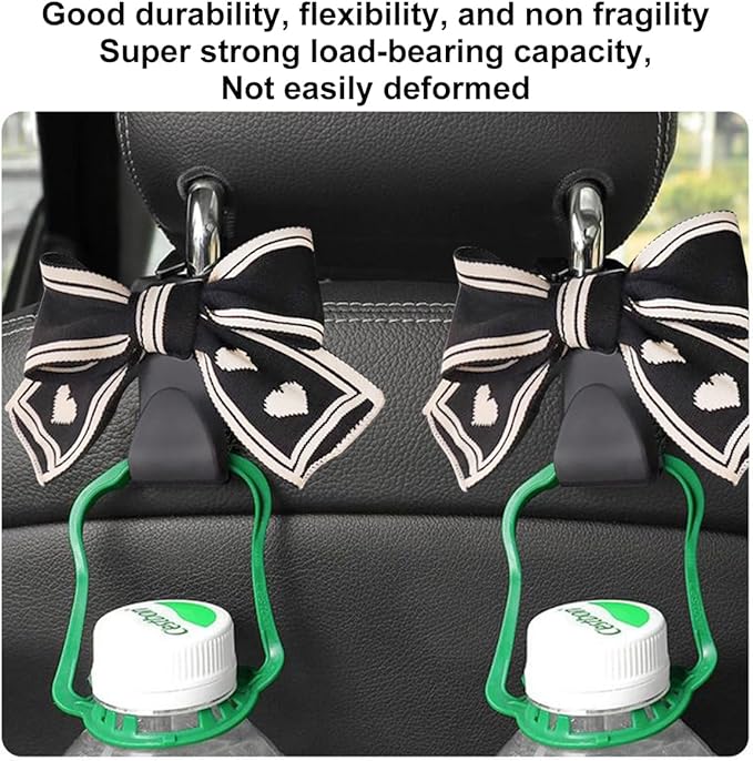 Mandark 2PCS Car Seat Headrest Hooks, Cute Bow Vehicle Hooks for Purses and Bags, Auto Purse Hook Hanger Interior Decoration Accessories, Universal for SUV, Sedan, Truck (Black Line)