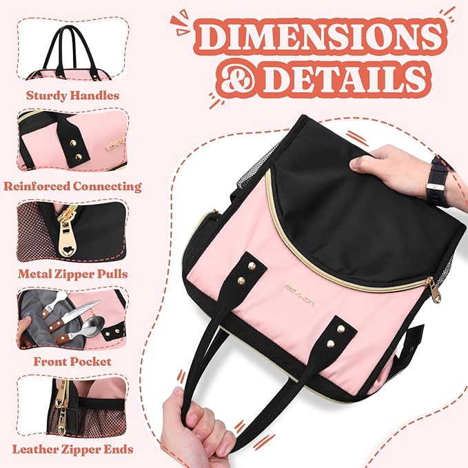 Lunch Bag for Women, Insulated Lunch Box, Wide-Open Lunch Tote Bag with Large Drinks Holder, Durable Nylon Thermal Snacks Organizer for Men, Adults, Work, Picnic, Hiking, Beach, Fishing (Pink + Black)