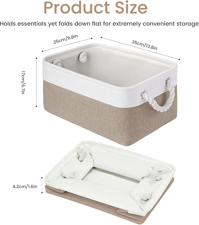 VQRTEXA Storage Baskets for Shelves 13.8x9.8x6.7 Inch, Foldable Fabric Storage Bins with Handles, Small Storage Baskets for Organizing Closet, Bathroom, Office, Home Organization (3-Pack, White&Khaki)