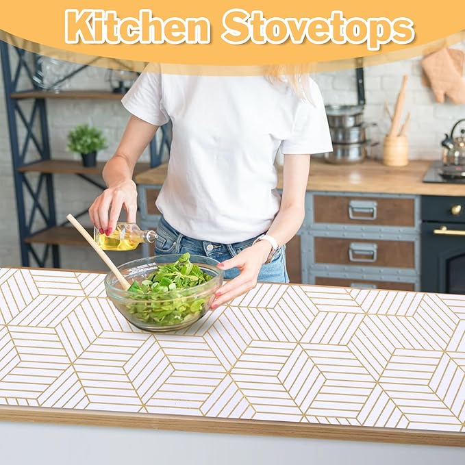 Shelf Liners for Kitchen Cabinets 11.8 x 236.2in Non-Adhesive Shelf Liner Paper Non-Slip Thickened Drawer Liner Easy to Clean for Tool Box Refrigerator with Knife and Tape Measure, Gold Geometric