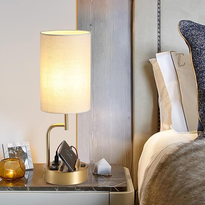 Dreamholder Table Lamp with 3 USB Charging Ports, Modern Desk Lamp with AC Outlet and Phone Stands, Perfect Bedside Lamp for Bedroom, Living Room, Office (Pack of 2), Gold