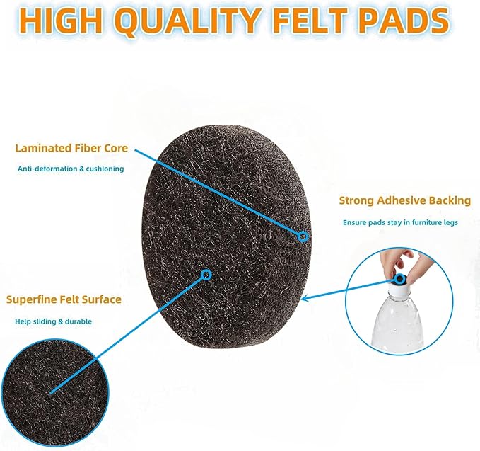 Furnigear Felt Furniture Pads for Hardwood Floors - Self Adhesive Chair Felt Pad, Floor Protector for Furniture Feet, Furniture Slider Moving Furniture Smoothly, Anti Scratch 48 Pcs 1-1/2" Round Brown