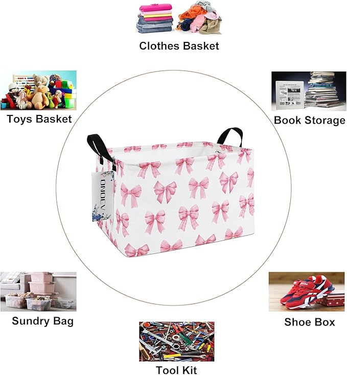 Rectangular Kids Laundry Basket Girls' Waterproof Storage Bins Pink Gift Basket Suitable For Home Decoration Office and Toy Storage(Pink Knot)