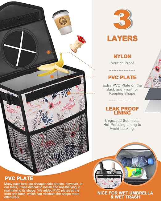 Pritent Car Trash Can with Lid, Cute Leakproof Car Trash Garbage Bag, Hanging Vehicle Trash Bin, Small Portable Automotive Garbage Cans Organizer for Back/Front Seat/Console (2.8 gal, Flamingo Print)