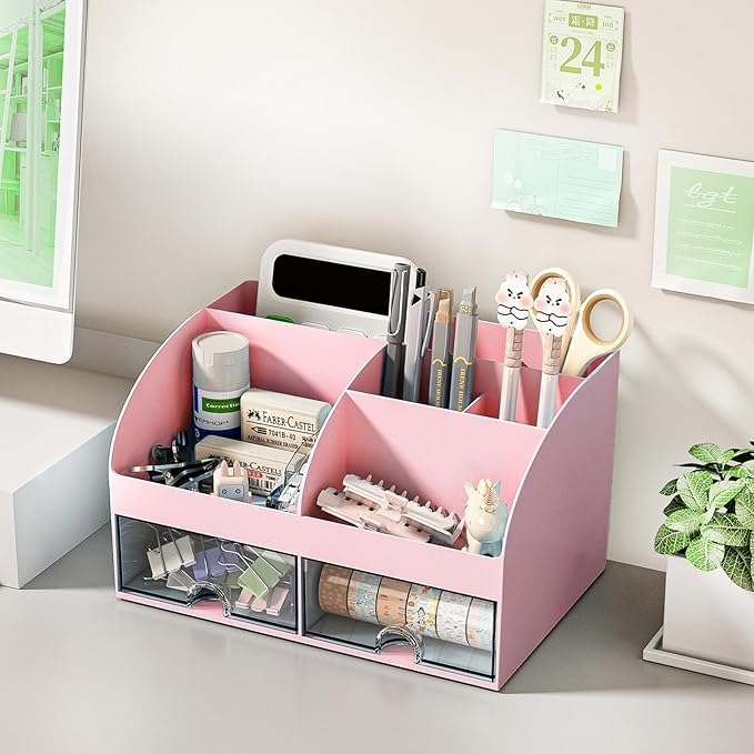 Desk Organizer with 6 Compartments and 2 Drawers, Plastic Makeup Organizer, Pen Holder for Desktop Storage, Desk Organization for School, Home, Office Supplies (Pink)
